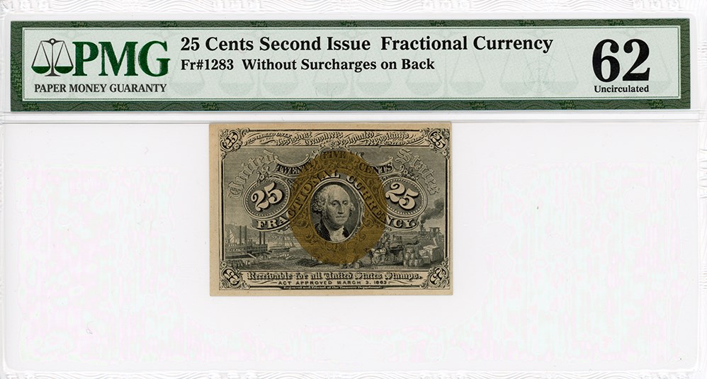 image for: FR. 1283 Head of George Washington in bronze oval frame. 25c Fractional Currency PMG Unc 62 (Pinholes)