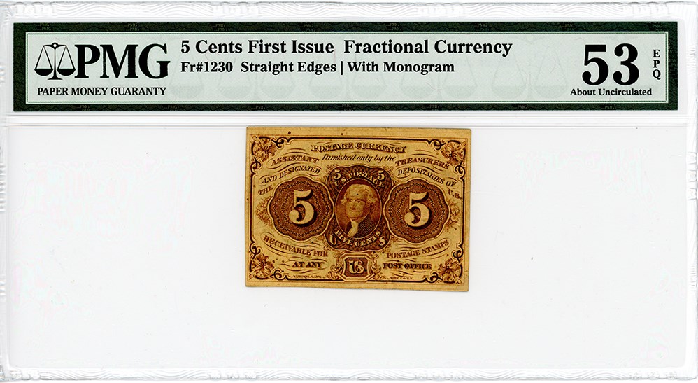 image for: FR. 1230 Fractional Currency Jefferson Postage Stamp Obverse 5c PMG AU53 (Exceptional Paper Quality)