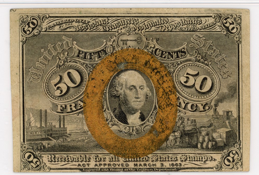 image for: FR. 1317 Head of George Washington in bronze oval frame. 50c Fractional Currency PMG Choice Extremely Fine 40 (Discoloration)
