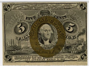 image for: FR. 1232 Head of George Washington In Bronze Oval Frame 5c Fractional Currency PMG AU55 (EPQ, As Make Treasury Dept. Stamp)