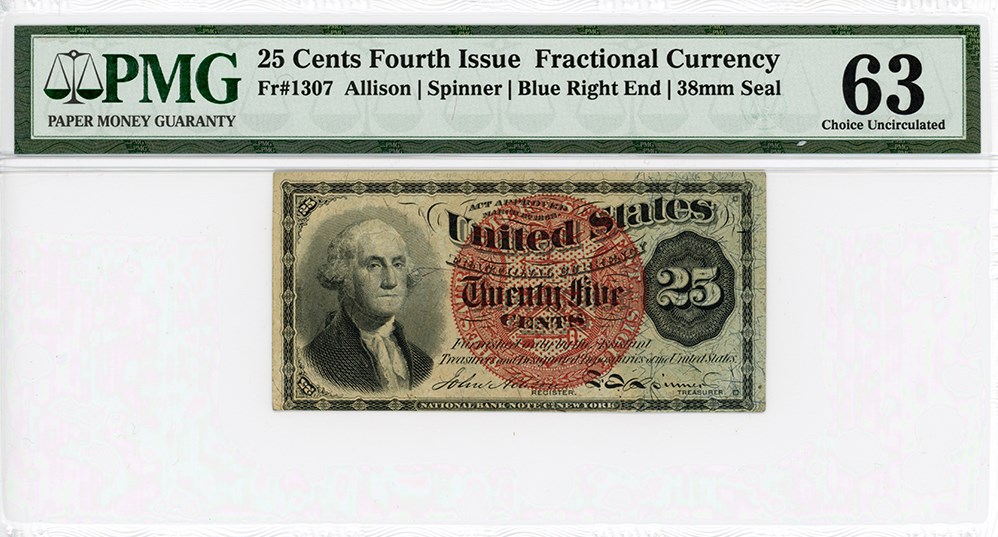 image for: FR. 1307  Bust of George Washington 25c Fractional Currency PMG Choice Unc 63 