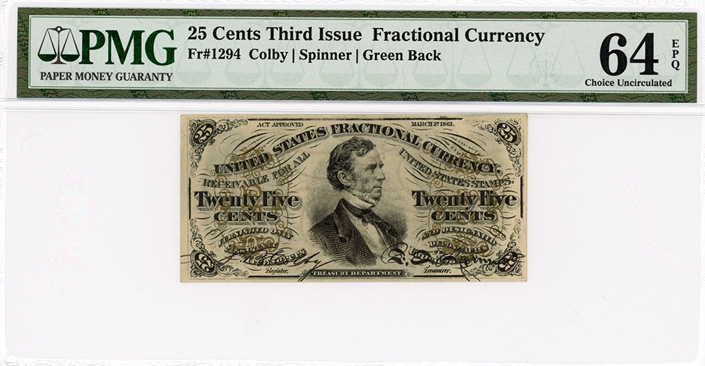 image for: FR. 1294  Bust of Wm Fessenden 25c Fractional Currency PMG Choice Unc 64 EPQ (Embossing)