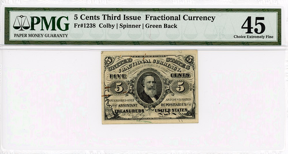 image for: FR. 1238 Head of Spencer Clark 5c Fractional Currency PMG Extremely Fine 45 (Rust)