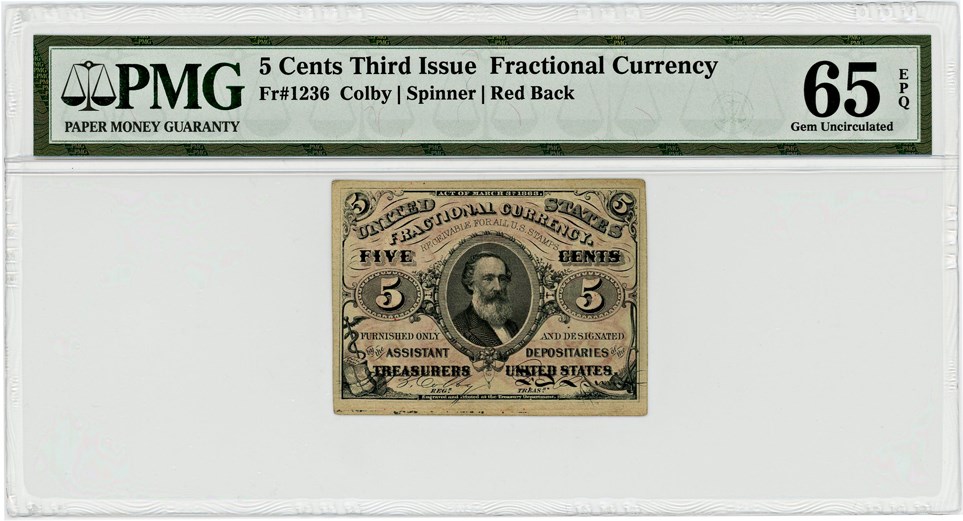 image for: FR. 1236  Head of Spencer Clark 5c Fractional Currency PMG Gem Unc 65 EPQ