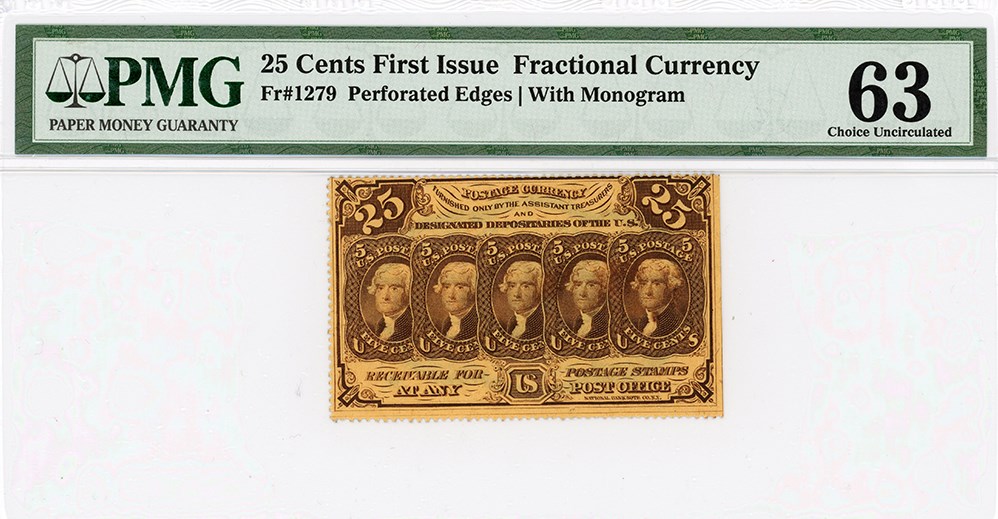 image for: FR. 1279 Fractional Currency Five Stamps Obverse 25c PMG Choice Unc 63 (Minor Rust)