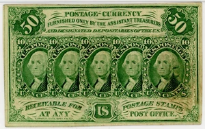 image for: FR. 1312 Fractional Currency Five Stamps Obverse 50c PMG AU50 (Stain)