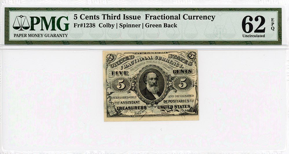 image for: FR. 1238  Head of Spencer Clark 5c Fractional Currency PMG Unc 62 (EPQ)