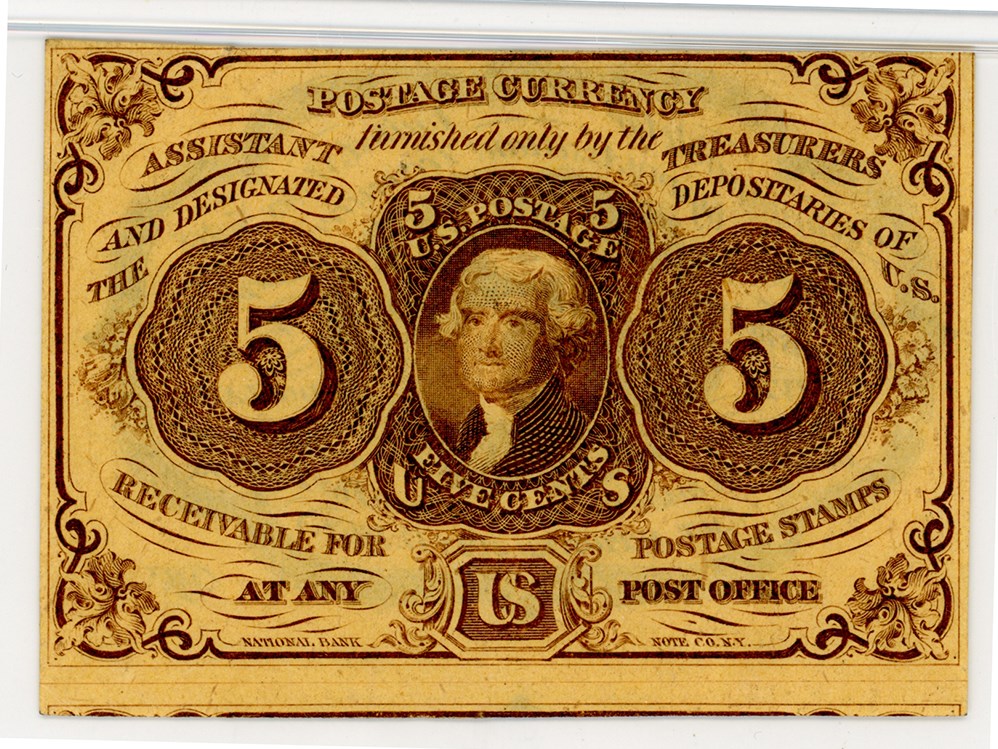 image for: FR. 1230 Fractional Currency Jefferson Postage Stamp Obverse 5c PMG Unc 62 (Exceptional Paper Quality)