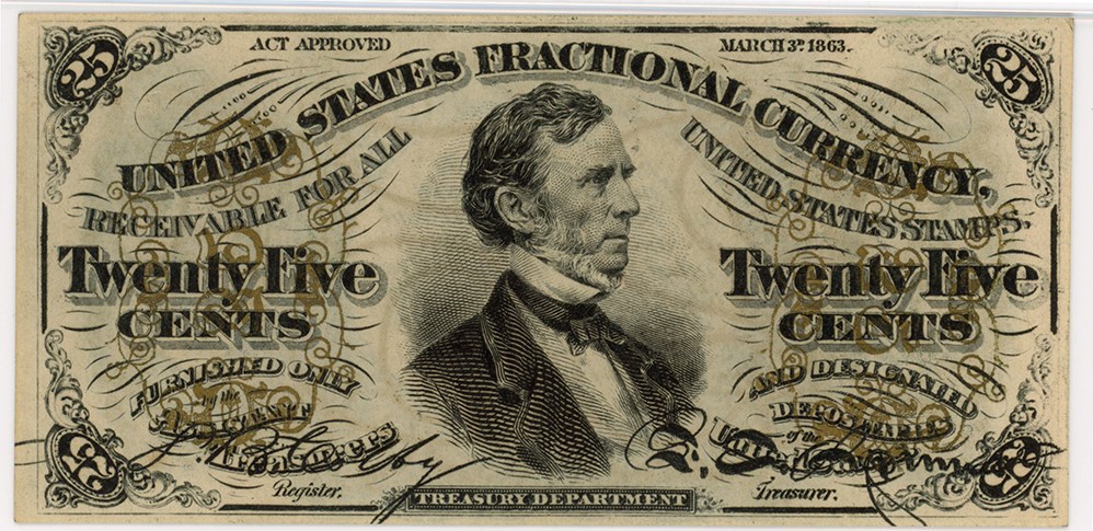 image for: FR. 1294  Bust of Wm Fessenden 25c Fractional Currency PMG Choice Unc 64 EPQ (Embossing)