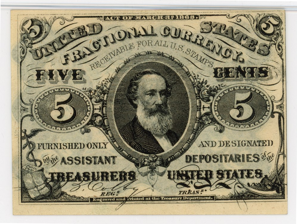 image for: FR. 1238  Head of Spencer Clark 5c Fractional Currency PMG Unc 62 (EPQ)