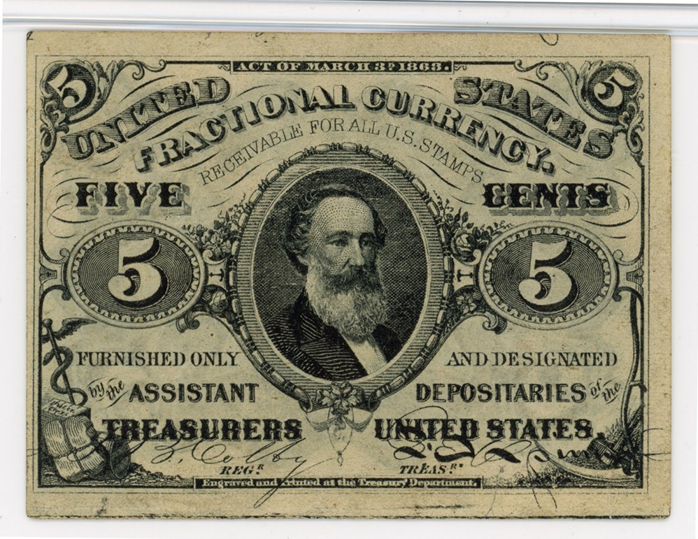 image for: FR. 1238 Head of Spencer Clark 5c Fractional Currency PMG Extremely Fine 45 (Small Tears)