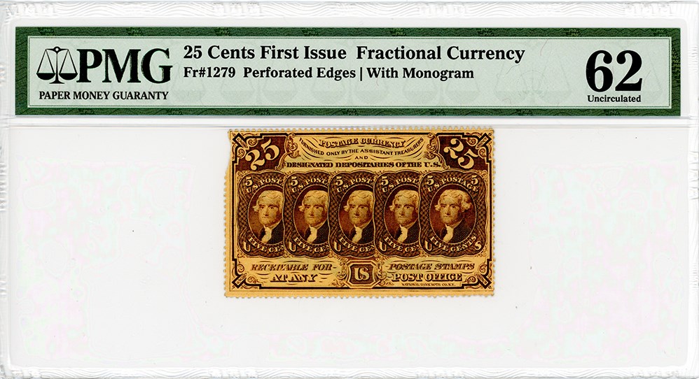 image for: FR. 1279 Fractional Currency Five Stamps Obverse 25c PMG Unc 62 