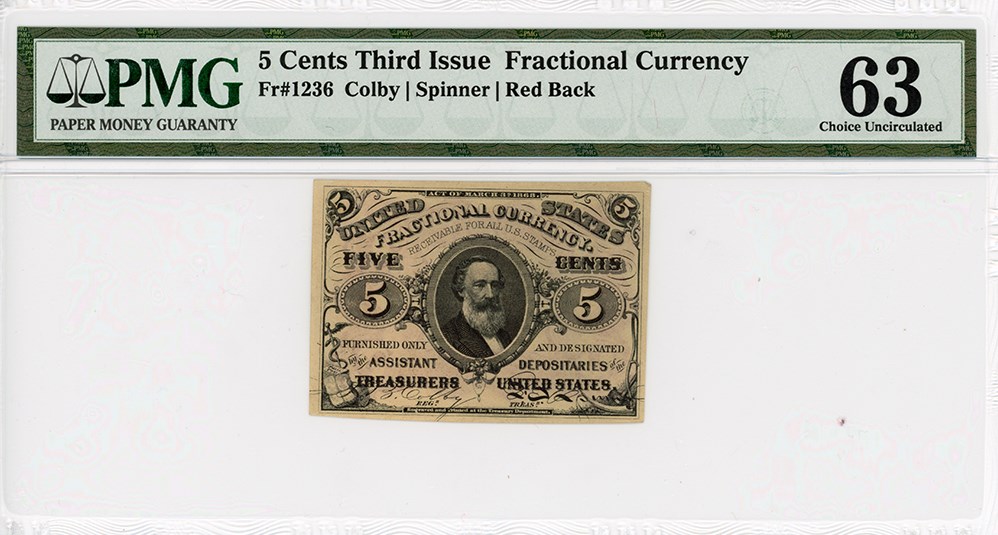 image for: FR. 1236  Head of Spencer Clark 5c Fractional Currency PMG Choice Unc 63 (Previously Minted)