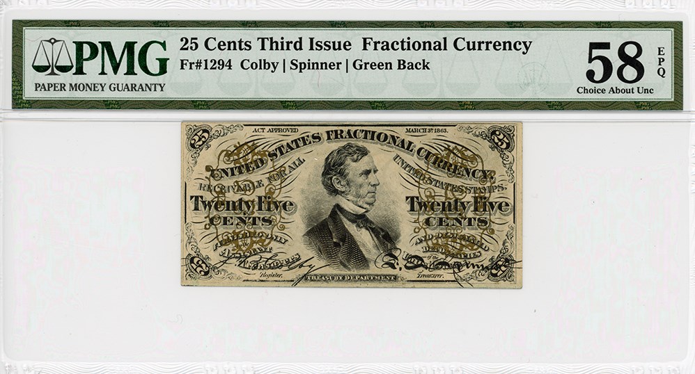 image for: FR. 1294  Bust of Wm Fessenden 25c Fractional Currency PMG AU58 (EPQ)
