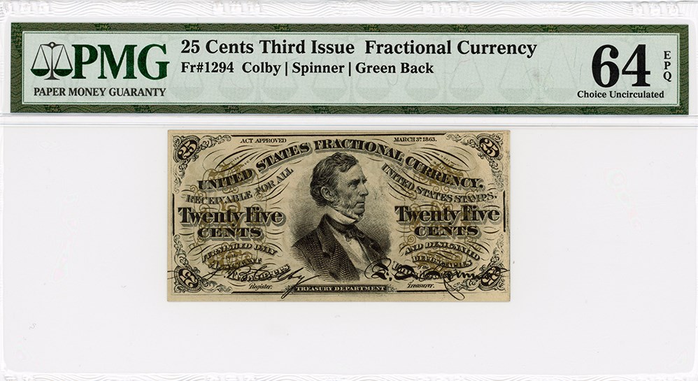image for: FR. 1294  Bust of Wm Fessenden 25c Fractional Currency PMG Choice Unc 64 EPQ (Embossing)