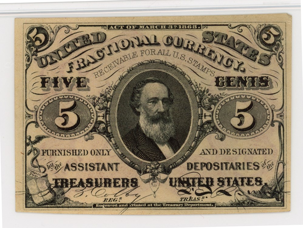 image for: FR. 1236  Head of Spencer Clark 5c Fractional Currency PMG Choice Unc 63 (Previously Minted)