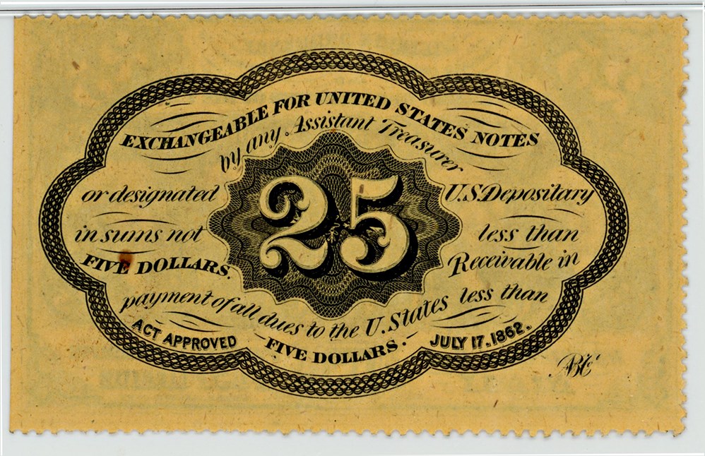 image for: FR. 1279 Fractional Currency Five Stamps Obverse 25c PMG Choice Unc 63 (Minor Rust)