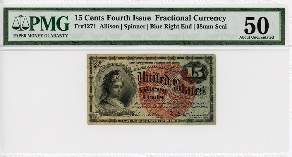 image for: FR. 1271 Bust of Columbia 15c Fractional Currency PMG AU50 (Tears)