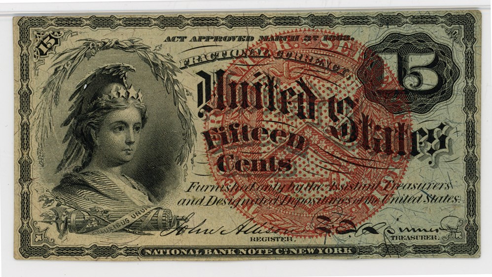 image for: FR. 1271  Bust of Columbia 15c Fractional Currency PMG Choice Unc 63 (Small Tear)