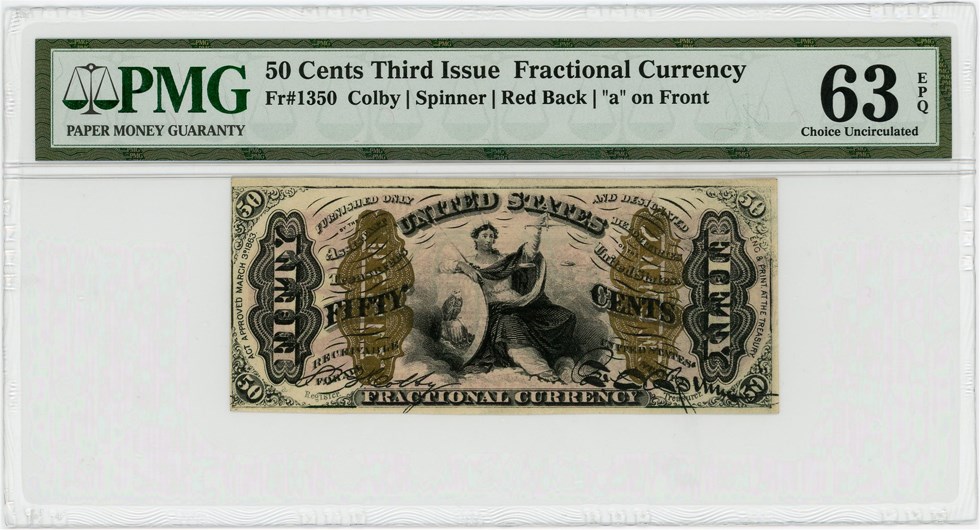 image for: FR. 1350  Seated figure of Justice 50c Fractional Currency PMG Choice Unc 63 EPQ