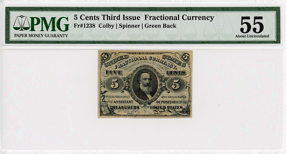 image for: FR. 1238  Head of Spencer Clark 5c Fractional Currency PMG AU55 