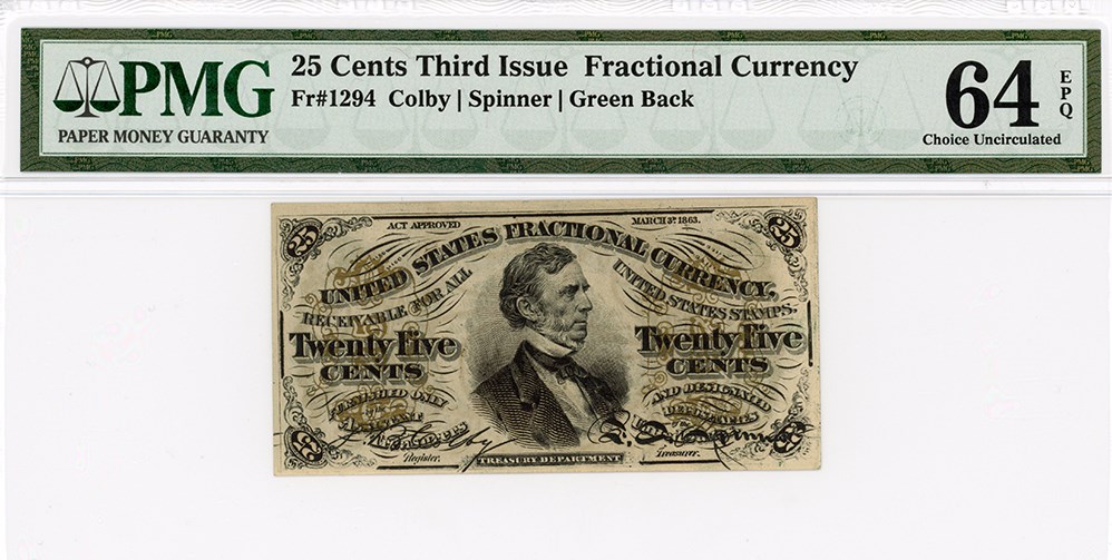 image for: FR. 1294 Bust of Wm Fessenden 25c Fractional Currency PMG Choice Unc 64 EPQ (Embossing)