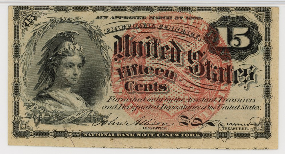 image for: FR. 1267  Bust of Columbia 15c Fractional Currency PMG Unc 62 (EPQ)