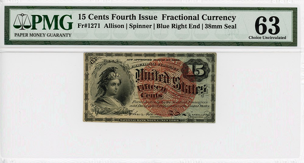 image for: FR. 1271  Bust of Columbia 15c Fractional Currency PMG Choice Unc 63 (Small Tear)