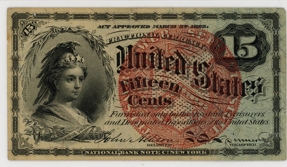 image for: FR. 1271 Bust of Columbia 15c Fractional Currency PMG AU50 (Tears)