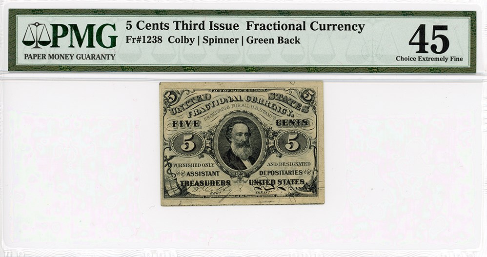 image for: FR. 1238 Head of Spencer Clark 5c Fractional Currency PMG Extremely Fine 45 (Small Tears)
