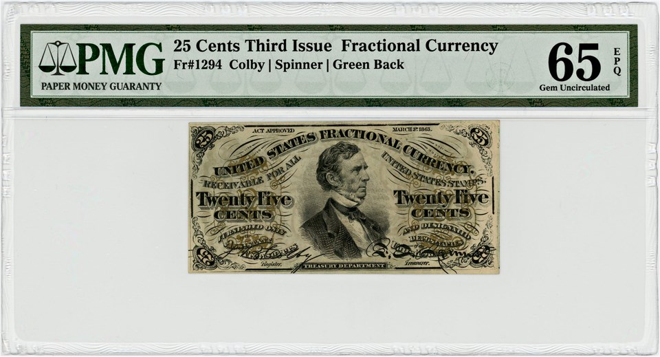 image for: FR. 1294  Bust of Wm Fessenden 25c Fractional Currency PMG Gem Unc 65 EPQ (Embossing)