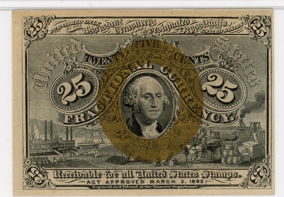 image for: FR. 1283 Head of George Washington in bronze oval frame. 25c Fractional Currency PMG Unc 62 (Pinholes)