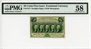image for: FR. 1312 Fractional Currency Five Stamps Obverse 50c PMG AU58 (Pinholes)
