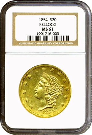 image for: Kellogg $20 1854 NGC MS61
