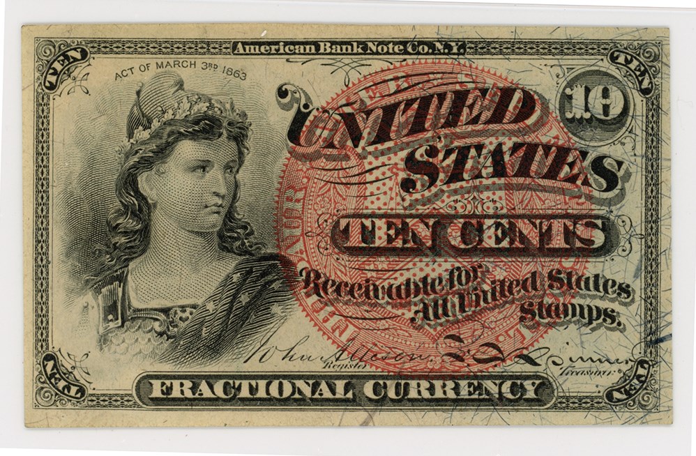 image for: FR. 1261  Bust of Liberty 10c Fractional Currency PMG Choice Unc 64 (Pinholes)