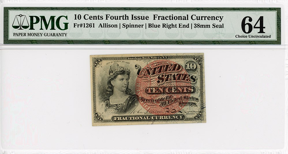image for: FR. 1261  Bust of Liberty 10c Fractional Currency PMG Choice Unc 64 (Pinholes)