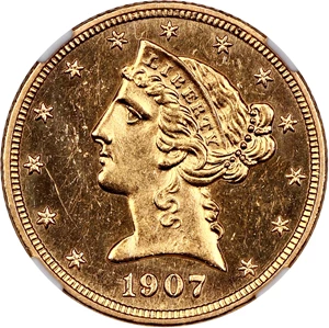 image for: 1907-D $5 NGC MS62 PL