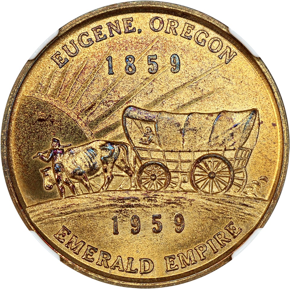 image for: 1959 Oregon Statehood, Eugene, Gilt-bronze SC$1 NGC MS65 (HK-557)