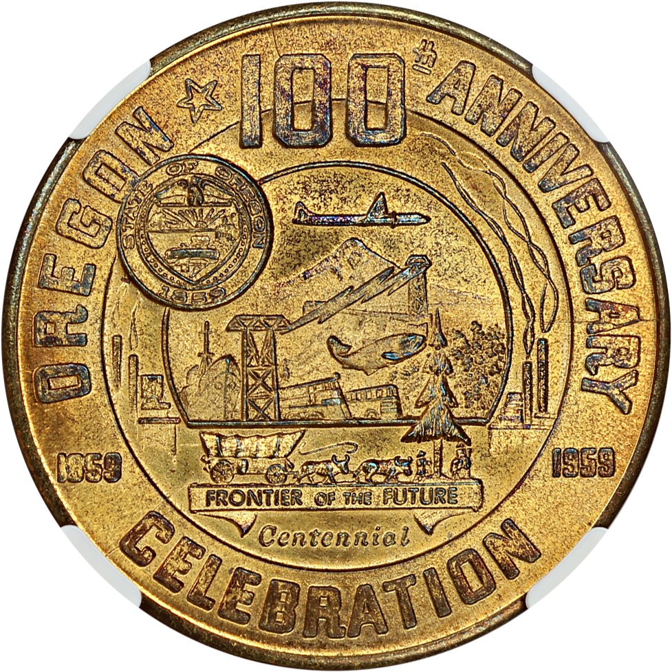 image for: 1959 Oregon Statehood, Eugene, Gilt-bronze SC$1 NGC MS65 (HK-557)