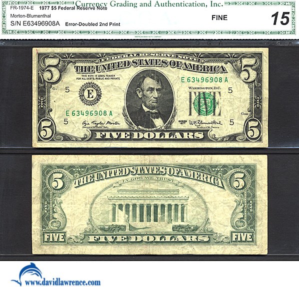 image for: Fr.1974E 1977 $5 Dark Green Seal CGA F15  [E63496908A] *Error* 