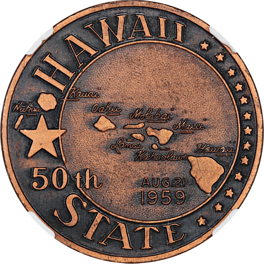 image for: 1959 Alaska-Hawaii Statehood, Copper (oxidized) SC$1 NGC MS65 (HK-533)