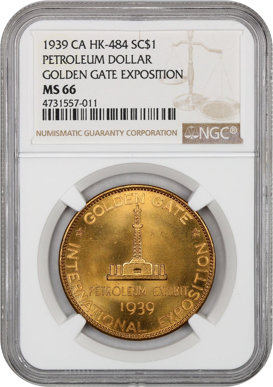 image for: 1939 Golden Gate, Petroleum, Ty. 2, Bronze Gilt SC$1 NGC MS66 (HK-484)