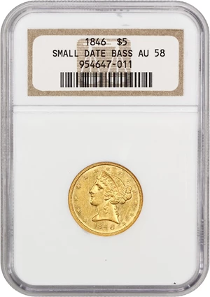 image for: 1846 $5 NGC AU58 (Small Date) ex: Bass