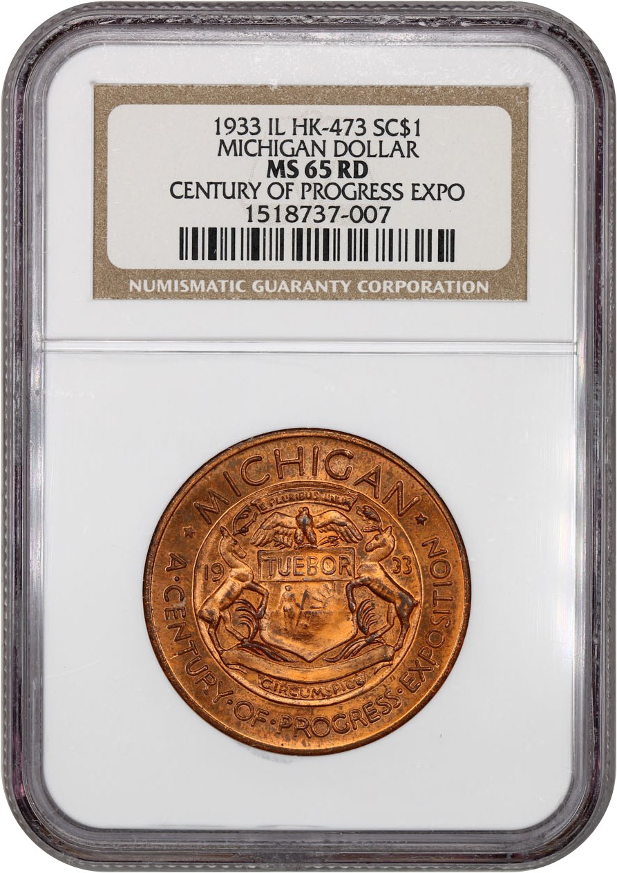 image for: 1933 Century Progress Expo, Michigan, Gilt SC$1 NGC MS65 (HK-473)