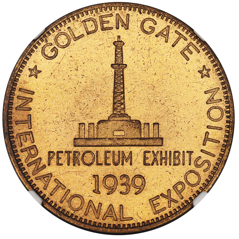 image for: 1939 Golden Gate, Petroleum, Ty. 2, Bronze Gilt SC$1 NGC MS65 (HK-484)