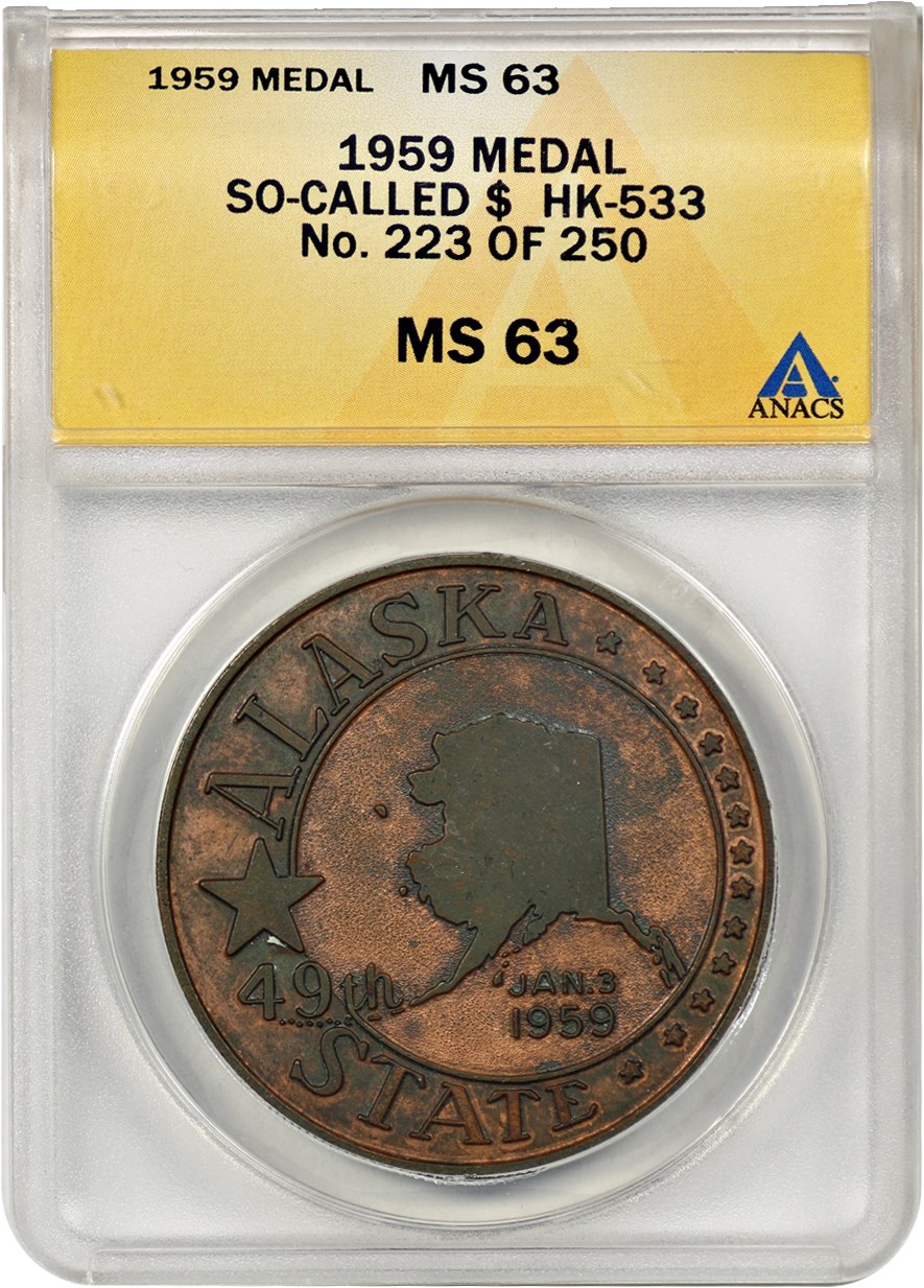 image for: 1959 Alaska-Hawaii Statehood, Copper (oxidized) SC$1 ANACS MS63 (HK-533)