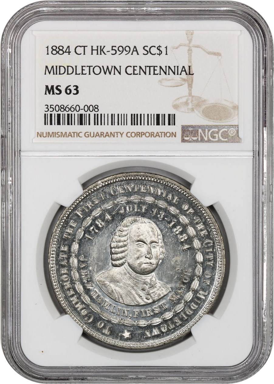 image for: 1884 Middletown CT, White Metal SC$1 NGC MS63 (HK-599a)