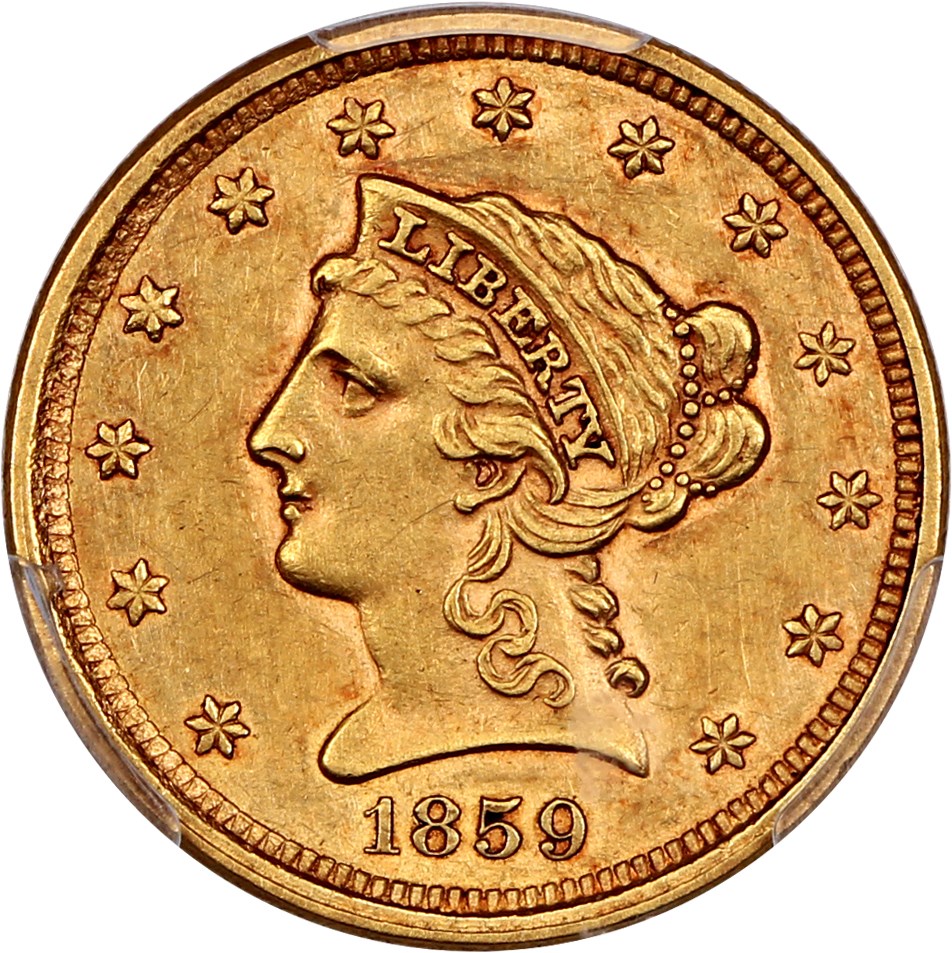 image for: 1859 $2 1/2 PCGS AU Details (Cleaned, New Reverse)