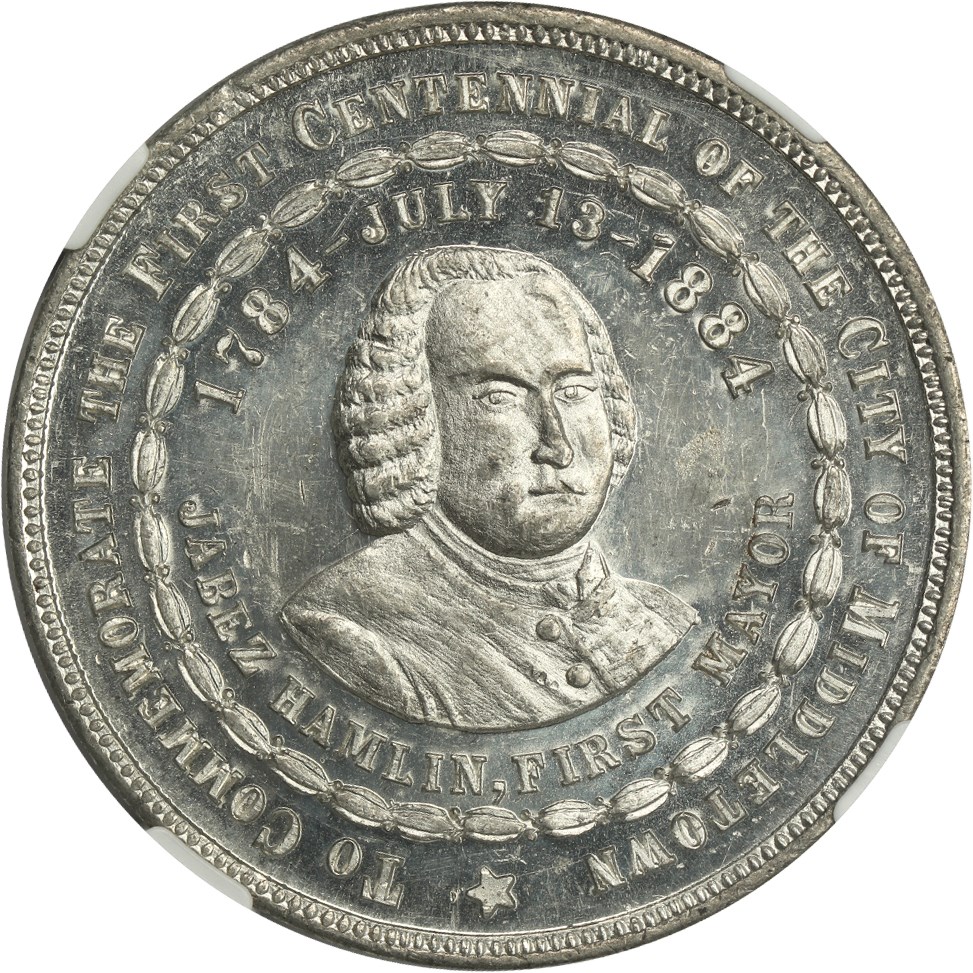 image for: 1884 Middletown CT, White Metal SC$1 NGC MS63 (HK-599a)