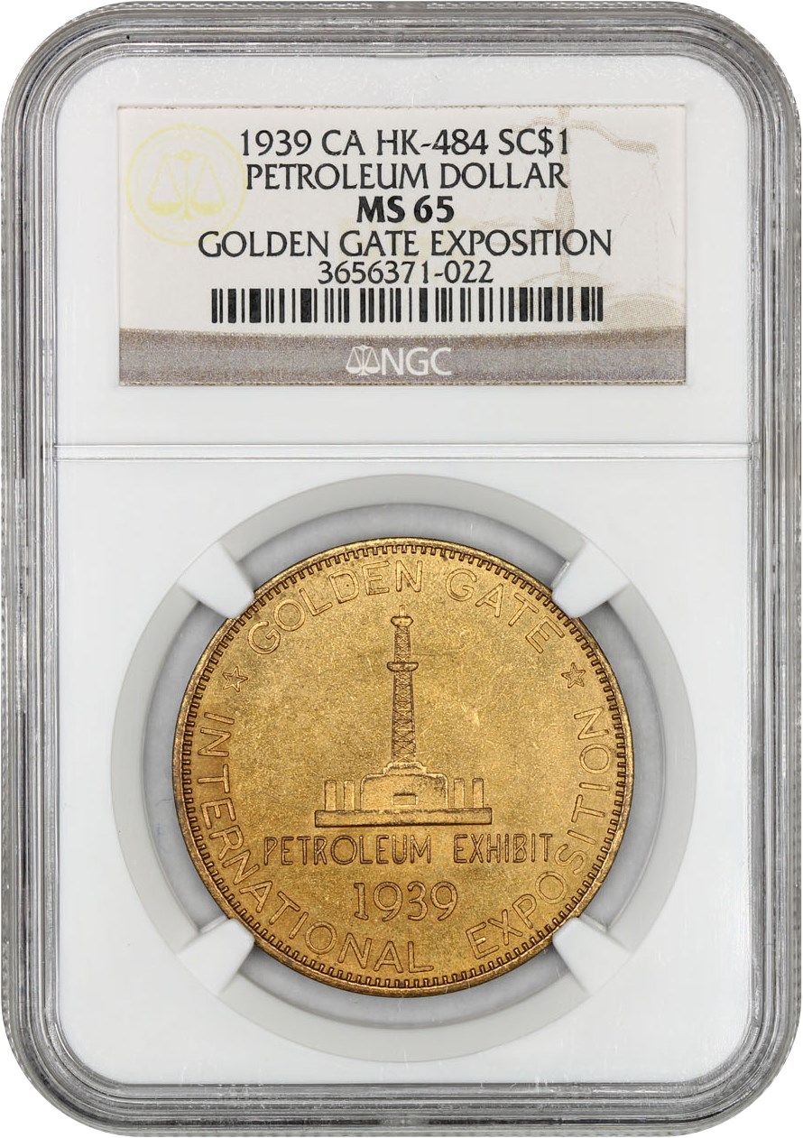 image for: 1939 Golden Gate, Petroleum, Ty. 2, Bronze Gilt SC$1 NGC MS65 (HK-484)